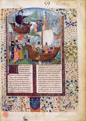 B.N.Ms. Fr 103 f.1 Tristan und Isolde verlassen Irland; Tristan trinkt den Trank; die Leichen von Tristan und Isolde werden nach Irland gebracht, übersetzt von Luce de Gast